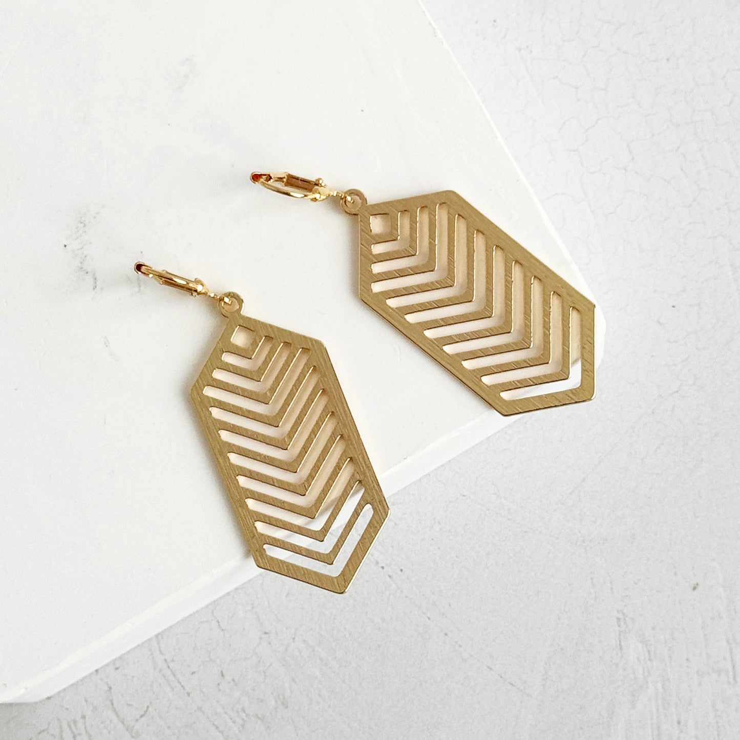 Chevron Dangle Earrings in Brass Gold