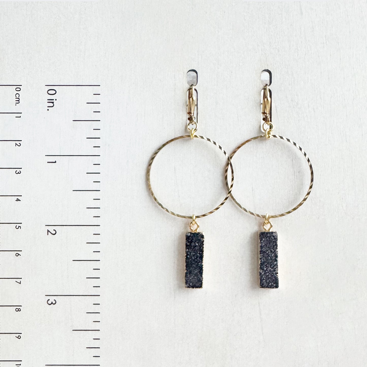 Hammered Brass Hoop and Black Druzy Earrings