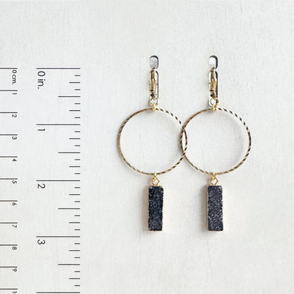 Hammered Brass Hoop and Black Druzy Earrings