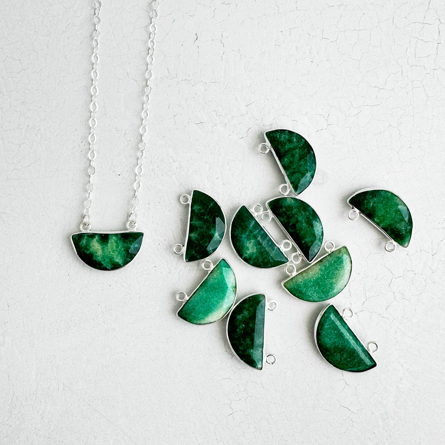 Small Half Moon Crescent Necklace - Raw Emerald