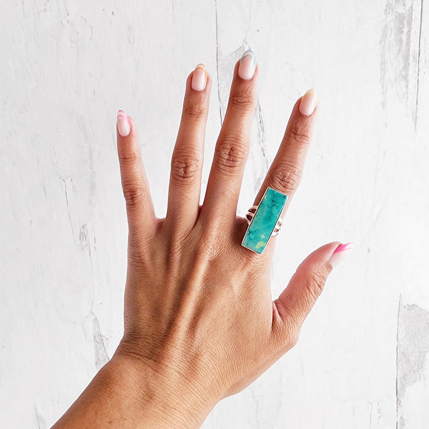 Large Tibetan Turquoise Rectangle Bar Statement Ring in Gold and Silver