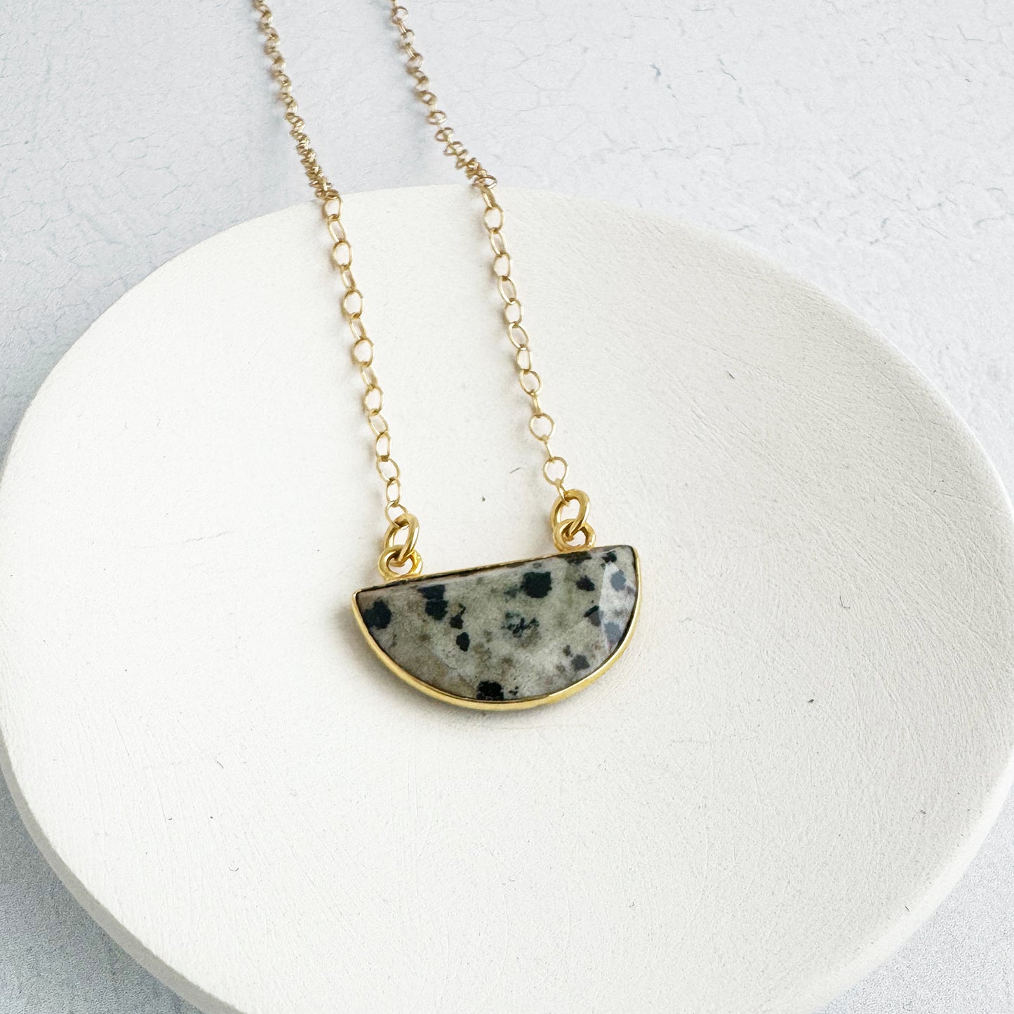 Small Half Moon Crescent Necklace - Dalmatian Jasper