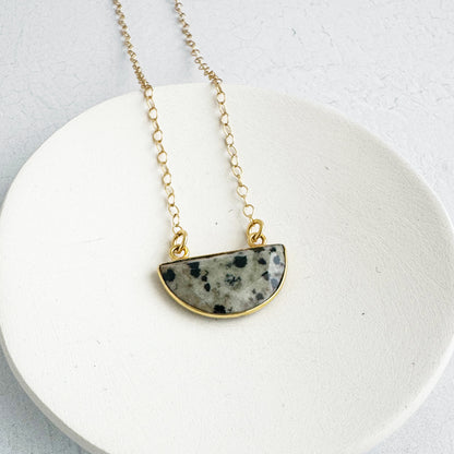 Small Half Moon Crescent Necklace - Dalmatian Jasper