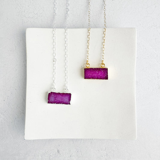 Fuchsia Druzy Bar Necklace in 14k Gold Filled and Sterling Silver