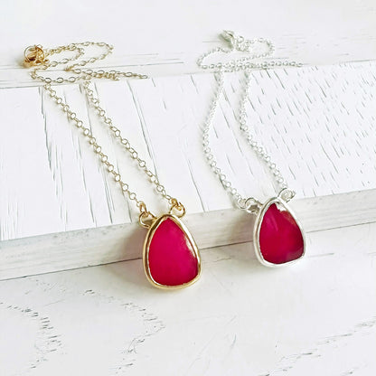 Hot Pink Teardrop Stone Necklace in 14k Gold Filled or Sterling Silver