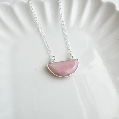 Small Half Moon Crescent Necklace - Pink Opal