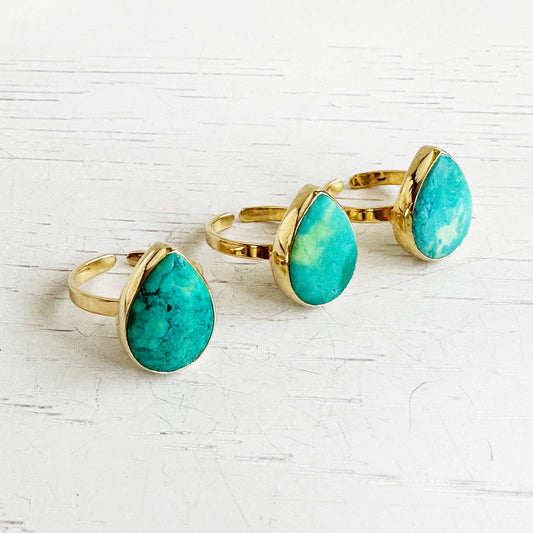 Tibetan Turquoise Teardrop Statement Ring in Gold