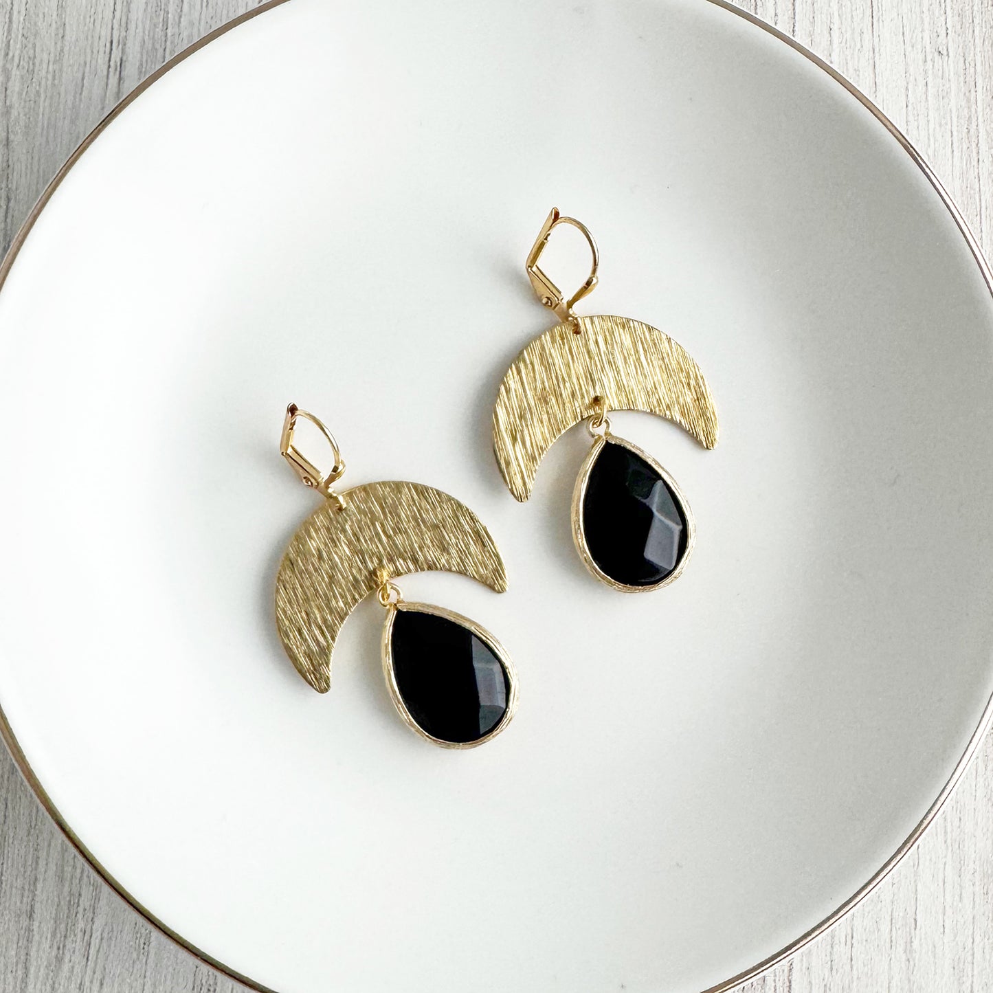 Raw Brass Crescent and Black Teardrop Earrings
