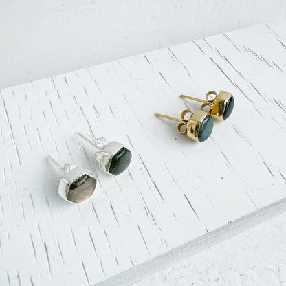 Labradorite Hexagon Stud Earrings in Gold and Silver