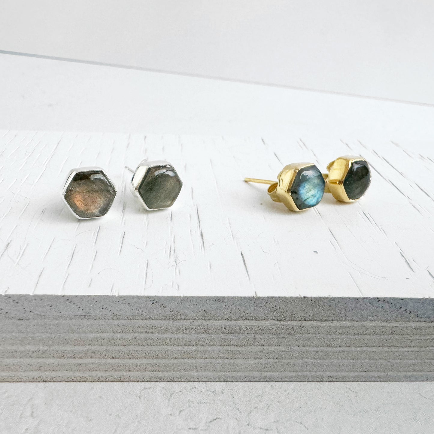 Labradorite Hexagon Stud Earrings in Gold and Silver