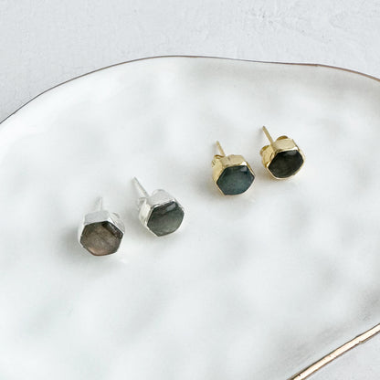 Labradorite Hexagon Stud Earrings in Gold and Silver