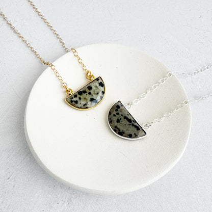 Small Half Moon Crescent Necklace - Dalmatian Jasper