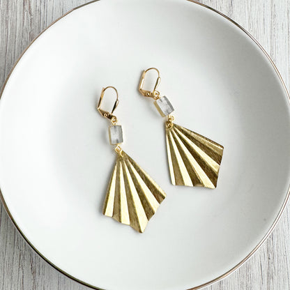 Raw Brass Fan and Rutilated Quartz Dangle Earrings