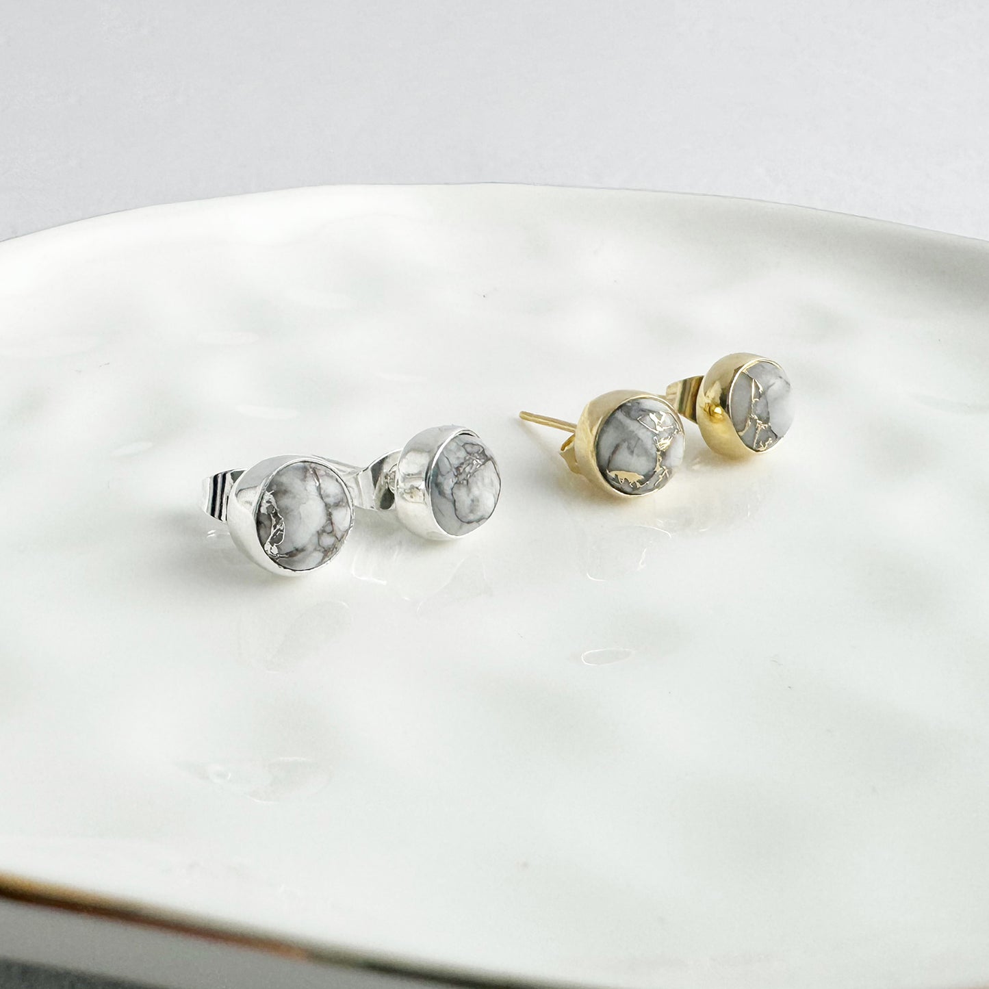 White Mojave Circle Stud Earrings in Gold and Silver