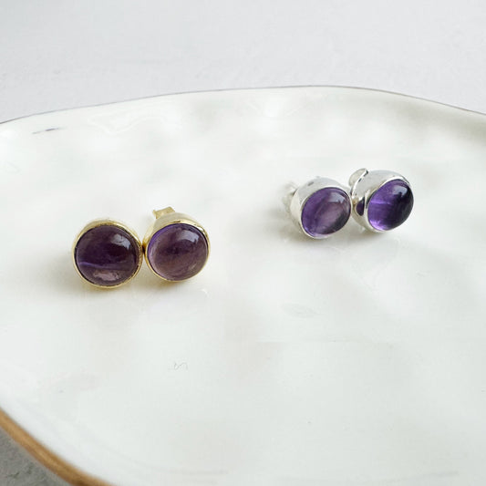 Amethyst Circle Stud Earrings in Gold and Silver