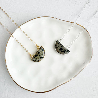 Small Half Moon Crescent Necklace - Dalmatian Jasper