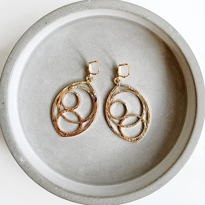 Marquise and Circle Shaped Earrings in Brushed Brass Gold