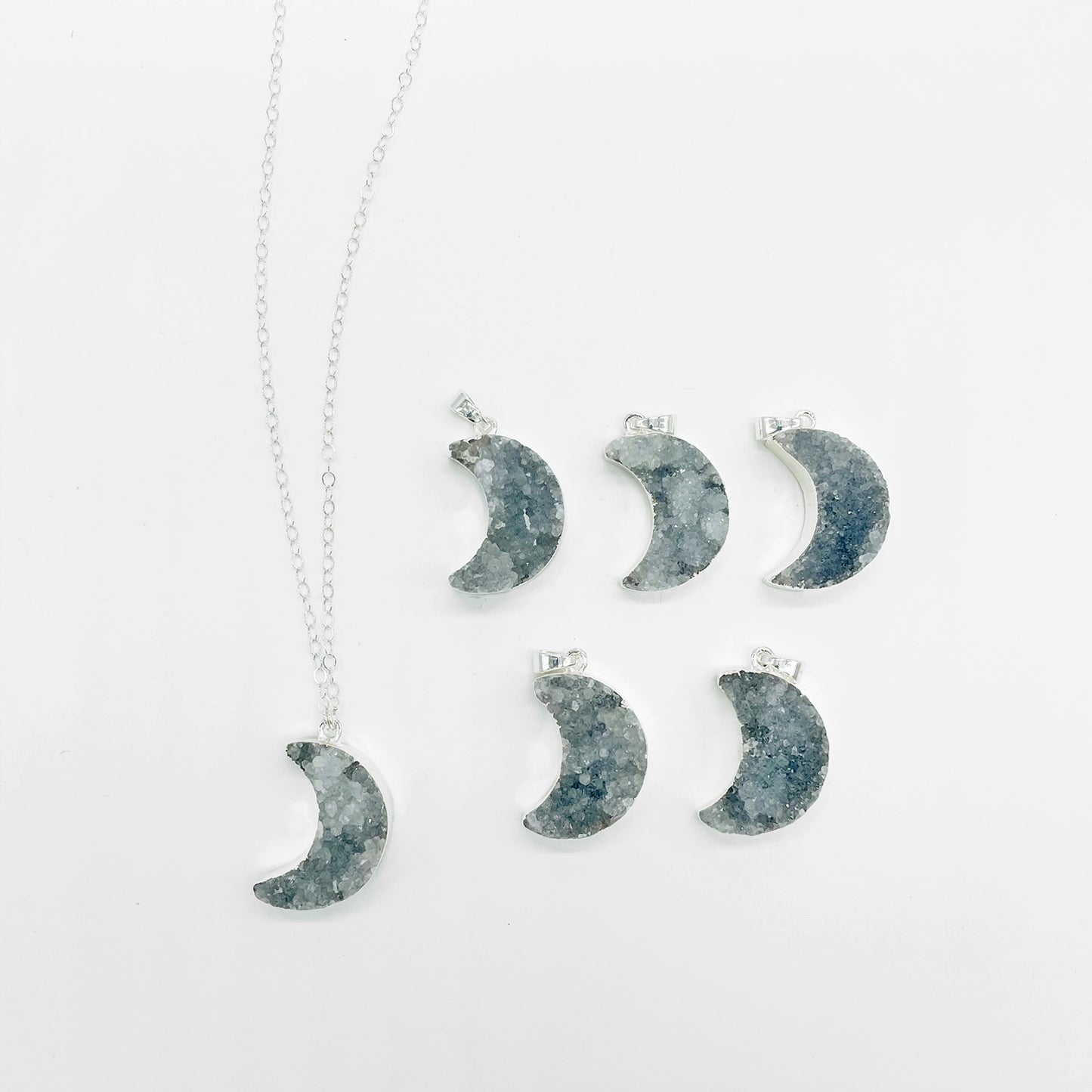 Grey Druzy Moon Necklace in Sterling Silver. Dark Gray Crystal Crescent Necklace