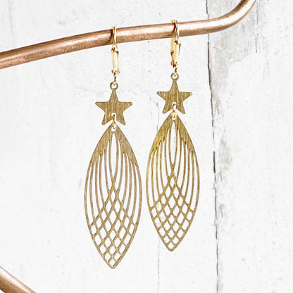 Star and Patterned Marquise Dangle Earrings in Brushed Brass Gold