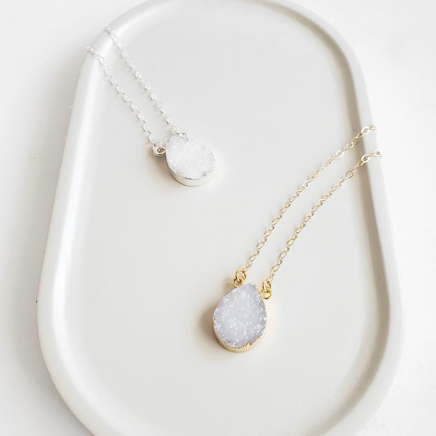 Large White Gray Druzy Teardrop Necklace in Gold and Silver