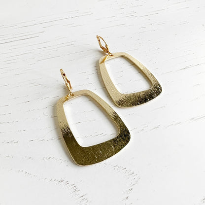 Asymmetrical Open Rectangle Earrings in Brushed Brass Gold