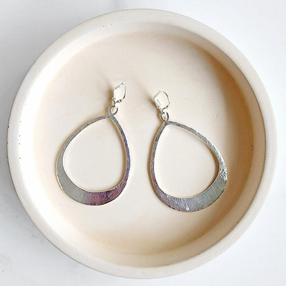 Large Open Teardrop Statement Earrings in Brushed Silver