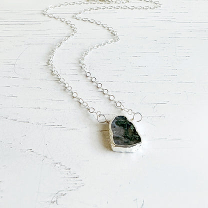 Moss Agate Gemstone Slice Necklace in Sterling Silver