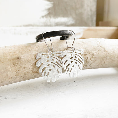 Monstera Leaf Dangle Earrings in Brushed Silver