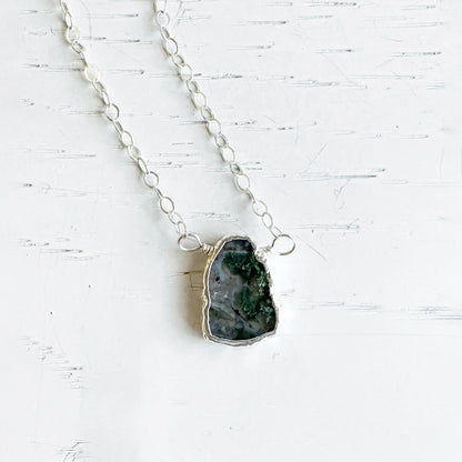 Moss Agate Gemstone Slice Necklace in Sterling Silver