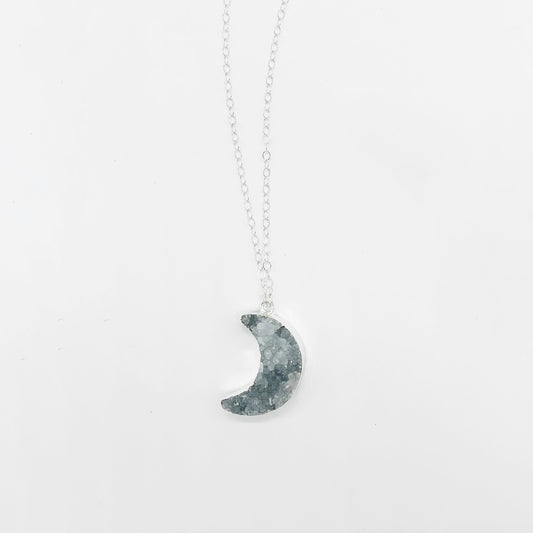 Grey Druzy Moon Necklace in Sterling Silver. Dark Gray Crystal Crescent Necklace