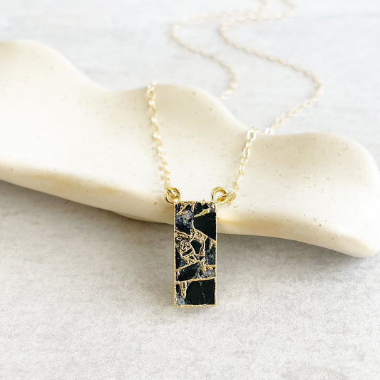 Black Mojave Vertical Bar Necklace in Gold