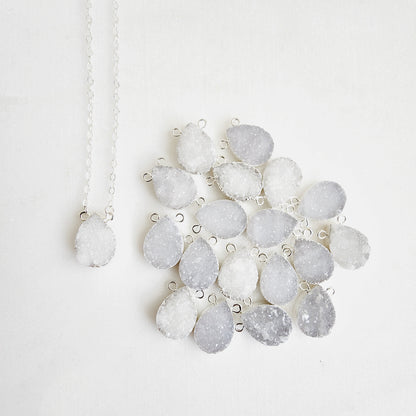 Large White Gray Druzy Teardrop Necklace in Gold and Silver