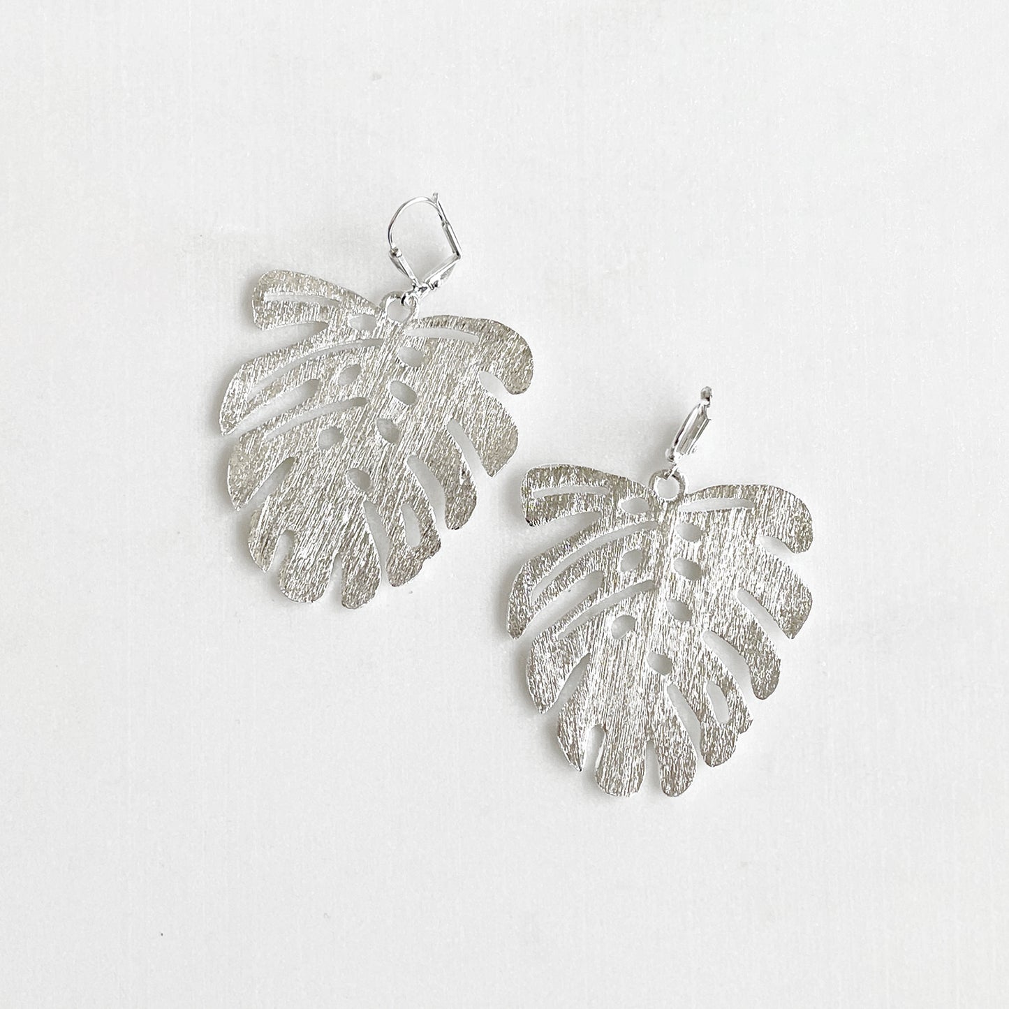 Monstera Dangle Statement Earrings in Brushed Silver