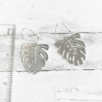 Monstera Leaf Dangle Earrings in Brushed Silver