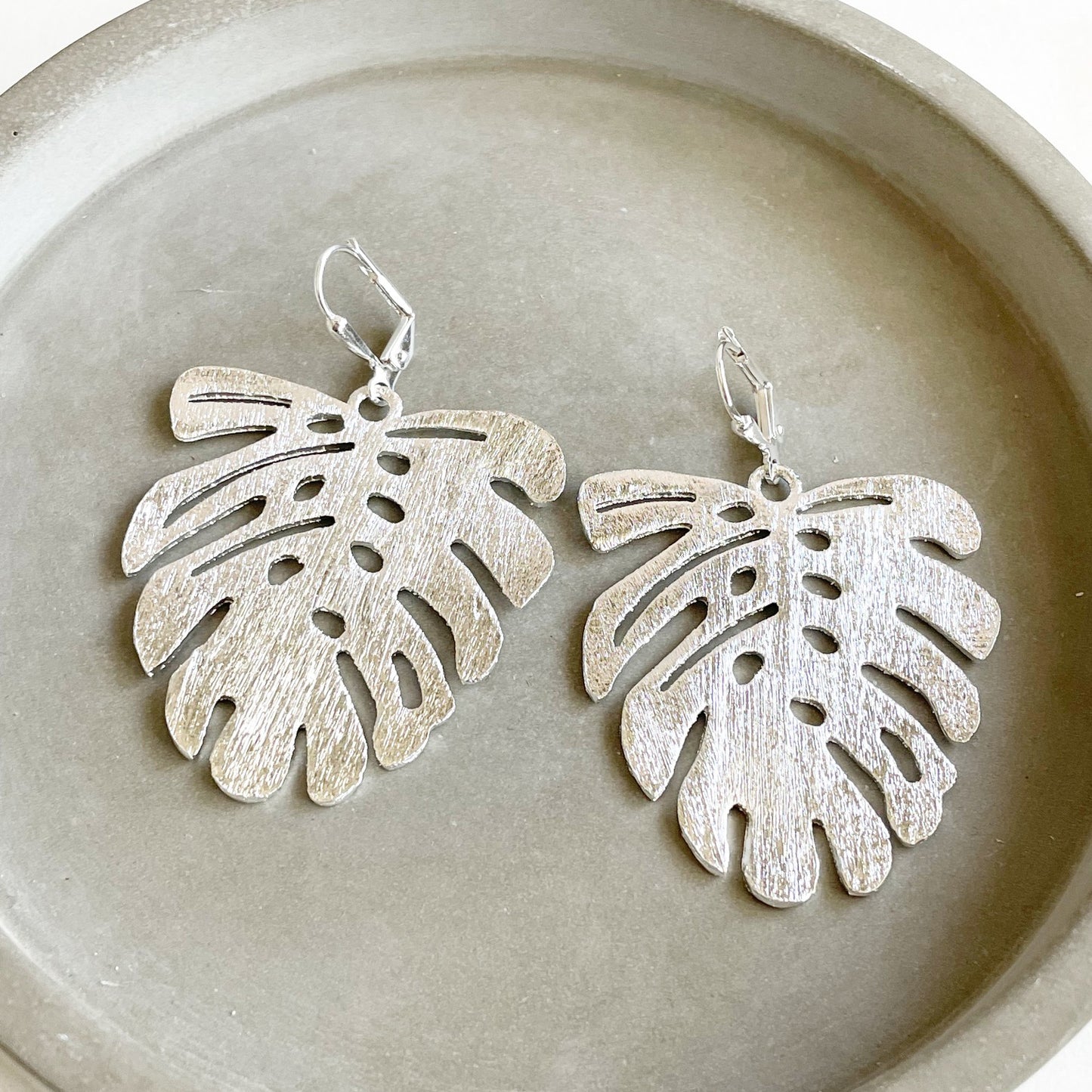 Monstera Dangle Statement Earrings in Brushed Silver