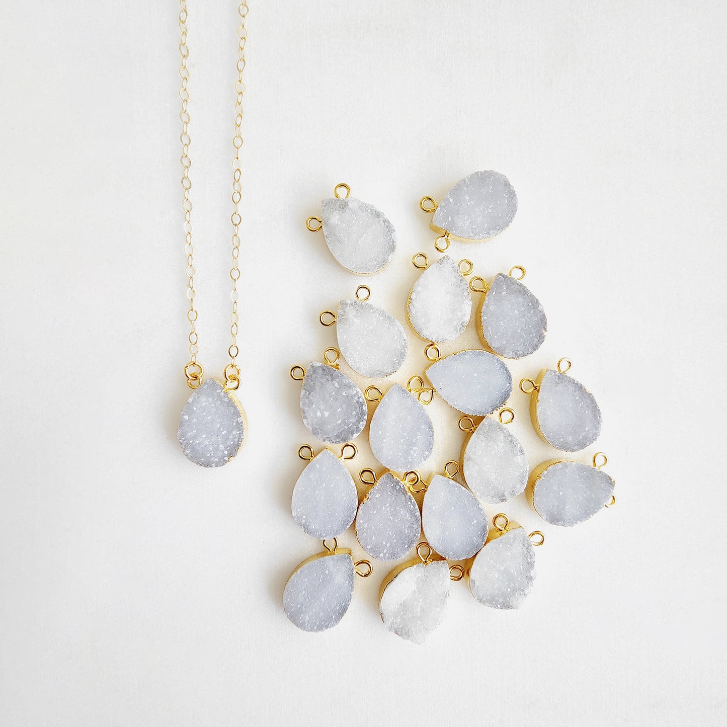 Large White Gray Druzy Teardrop Necklace in Gold and Silver