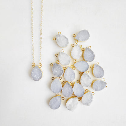 Large White Gray Druzy Teardrop Necklace in Gold and Silver