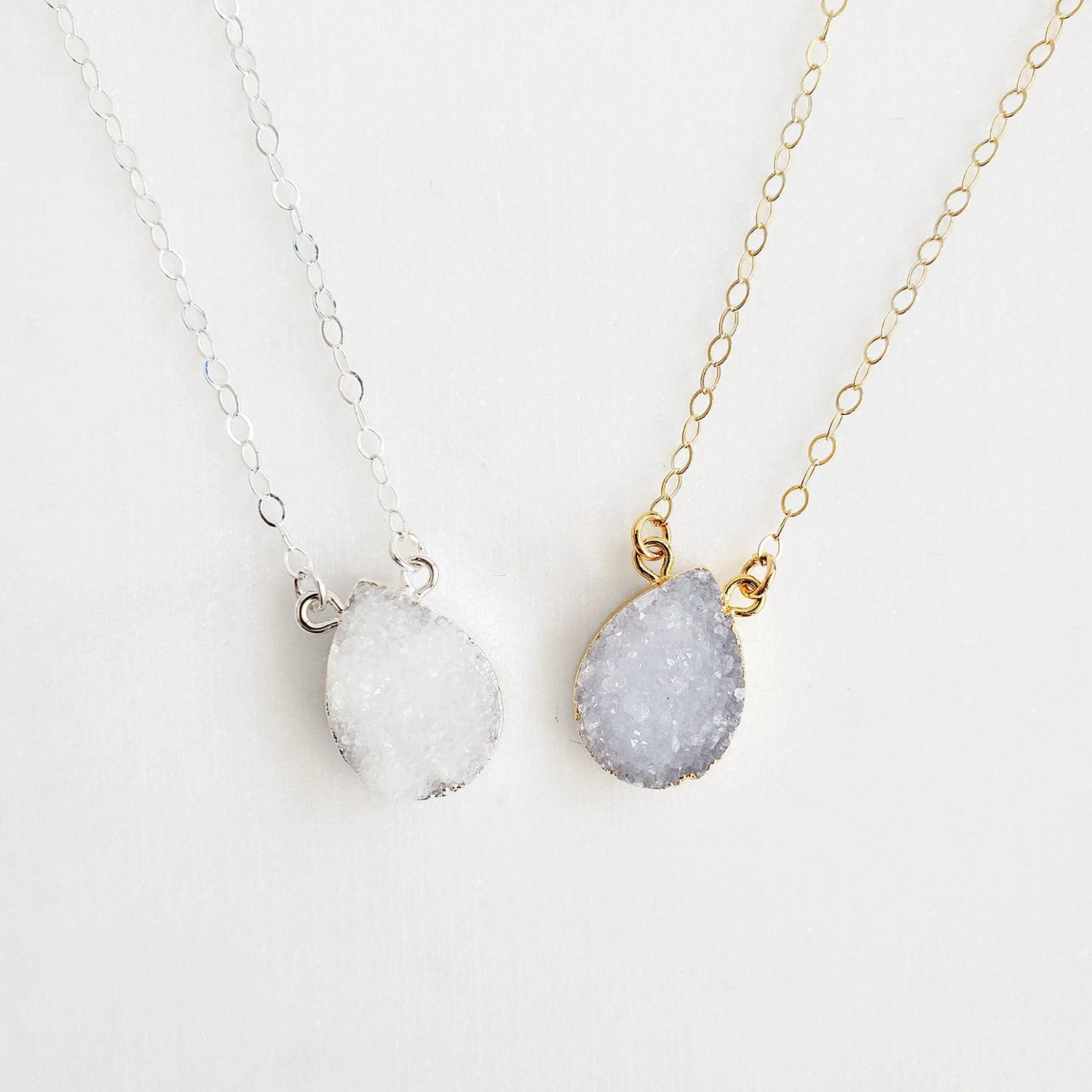 Large White Gray Druzy Teardrop Necklace in Gold and Silver