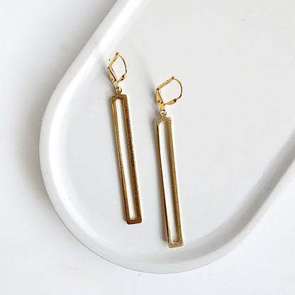 Long Open Rectangle Earrings in Brushed Gold