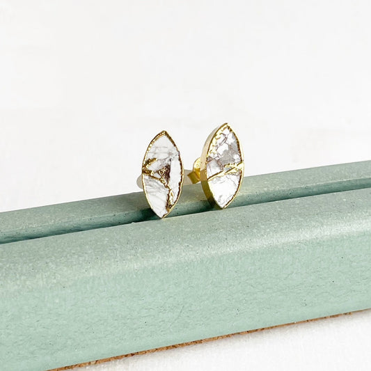 White Mojave Marquise Stud Earrings in Gold