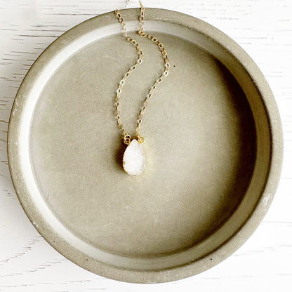 Small White Druzy Teardrop Necklace in Gold Filled or Sterling Silver