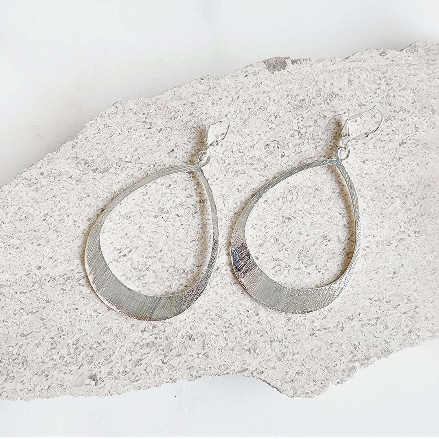 Large Open Teardrop Statement Earrings in Brushed Silver