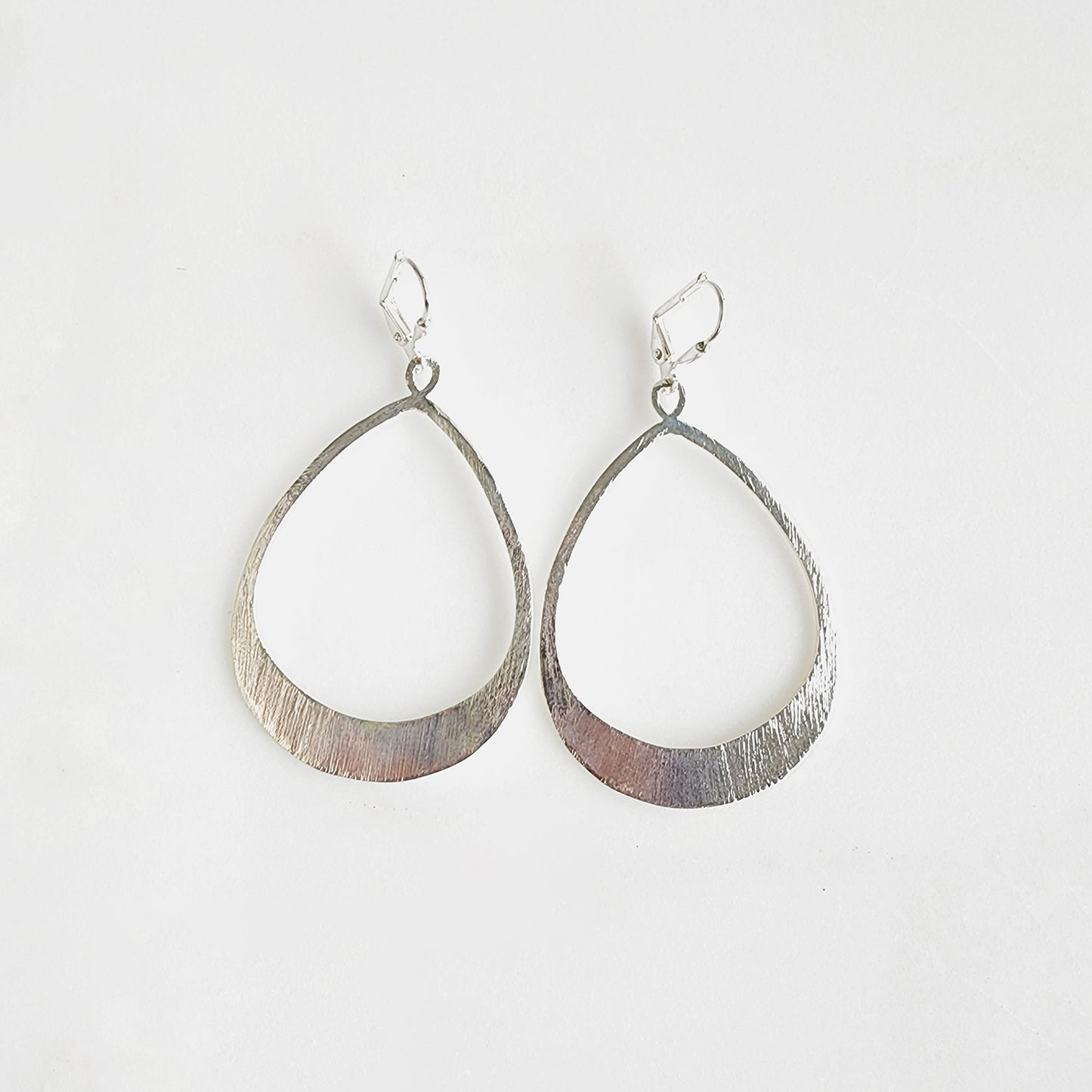 Large Open Teardrop Statement Earrings in Brushed Silver