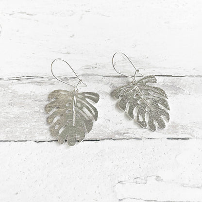 Monstera Leaf Dangle Earrings in Brushed Silver