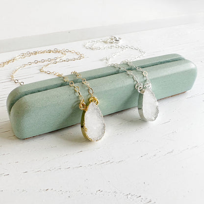 Small White Druzy Teardrop Necklace in Gold Filled or Sterling Silver