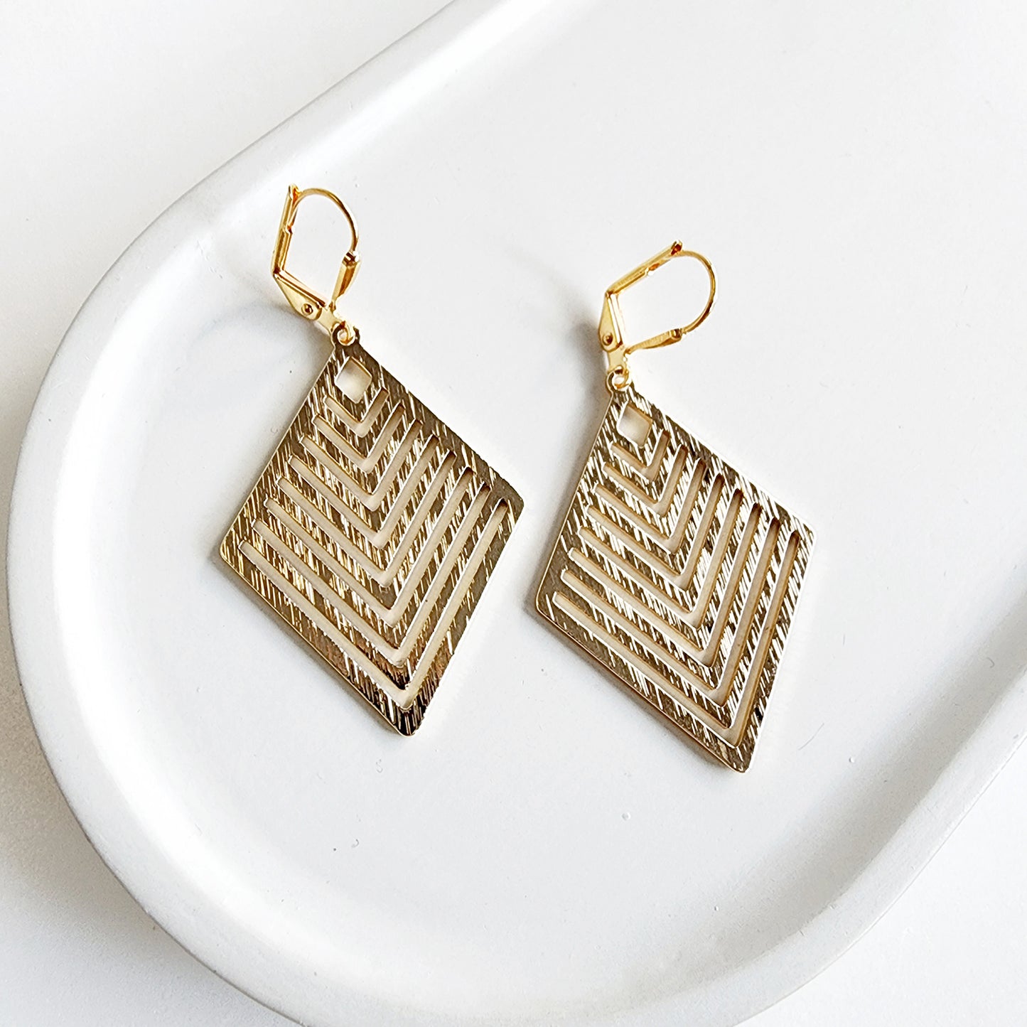 Patterned Diamond Earrings in Brushed Brass Gold