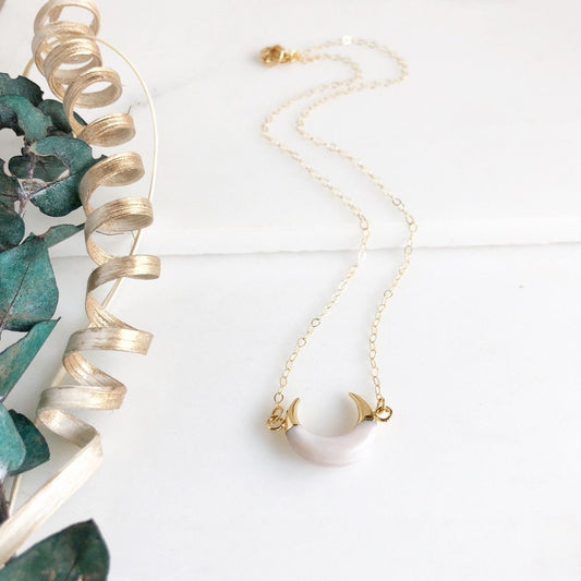 White Crescent Necklace in Gold