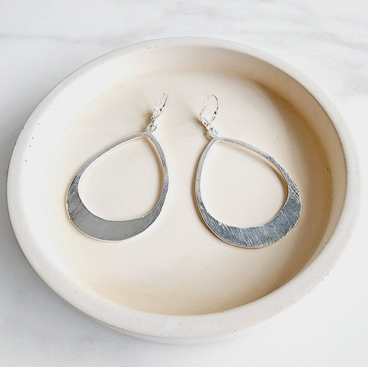 Large Open Teardrop Statement Earrings in Brushed Silver