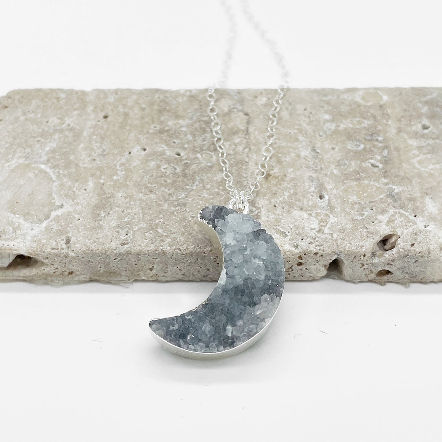 Grey Druzy Moon Necklace in Sterling Silver. Dark Gray Crystal Crescent Necklace