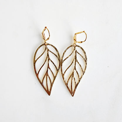 Leaf Statement Earrings in Brushed Brass Gold